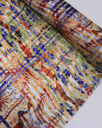 Tecido Crepe Chiffon Brocado Quadriculado e Pinturas Abstratas Colorido