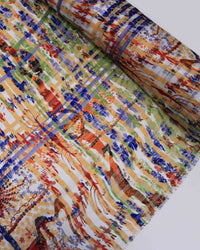 Tecido Crepe Chiffon Brocado Quadriculado e Pinturas Abstratas Colorido
