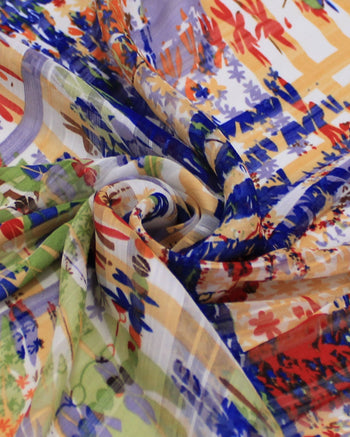 Tecido Crepe Chiffon Brocado Quadriculado e Pinturas Abstratas Colorido