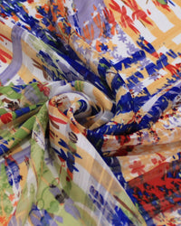 Tecido Crepe Chiffon Brocado Quadriculado e Pinturas Abstratas Colorido