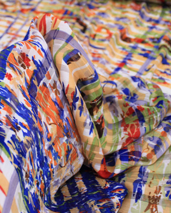 Tecido Crepe Chiffon Brocado Quadriculado e Pinturas Abstratas Colorido