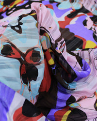 Tecido Crepe Chiffon Brocado Formas Abstratas Coloridas