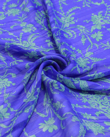 Tecido Crepe Chiffon Brocado Ramos Verde Tiffany e Azul