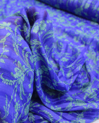 Tecido Crepe Chiffon Brocado Ramos Verde Tiffany e Azul