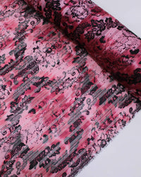 Tecido Crepe Chiffon Brocado Arabesco em Ramos Preto e Tons de Rosa