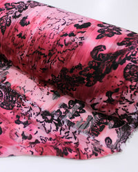 Tecido Crepe Chiffon Brocado Arabesco em Ramos Preto e Tons de Rosa