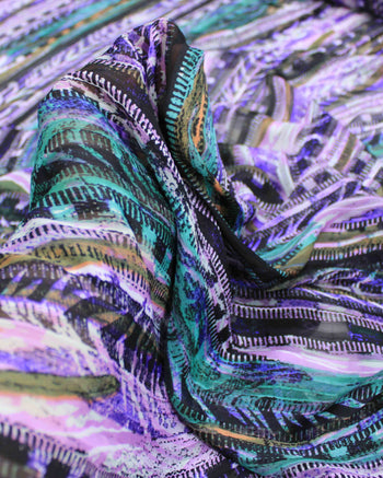 Tecido Crepe Chiffon Brocado Listras Abstratas Verde e Roxo