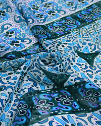 Tecido Crepe Chiffon Brocado Multi Listras Estampadas Tons Frios e Branco