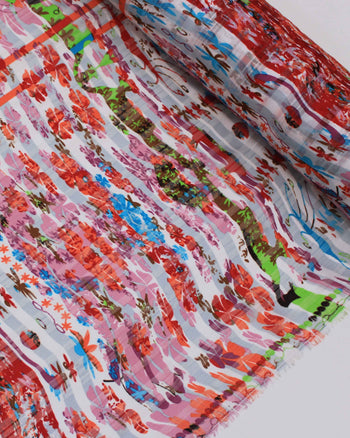 Tecido Crepe Chiffon Brocado Quadriculado e Pinturas Abstratas Tons Quentes