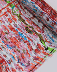 Tecido Crepe Chiffon Brocado Quadriculado e Pinturas Abstratas Tons Quentes