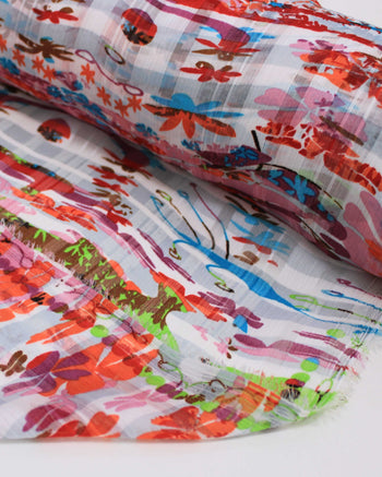 Tecido Crepe Chiffon Brocado Quadriculado e Pinturas Abstratas Tons Quentes