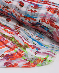 Tecido Crepe Chiffon Brocado Quadriculado e Pinturas Abstratas Tons Quentes