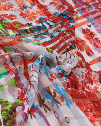 Tecido Crepe Chiffon Brocado Quadriculado e Pinturas Abstratas Tons Quentes