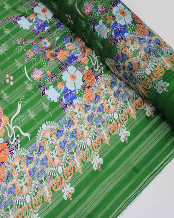 Tecido Crepe Chiffon Brocado Barrado Floral e Arabescos Colorido e Verde