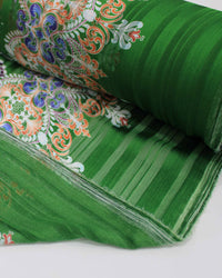 Tecido Crepe Chiffon Brocado Barrado Floral e Arabescos Colorido e Verde