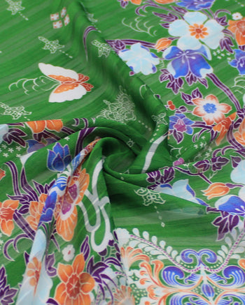 Tecido Crepe Chiffon Brocado Barrado Floral e Arabescos Colorido e Verde