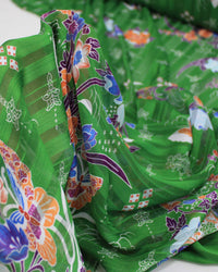 Tecido Crepe Chiffon Brocado Barrado Floral e Arabescos Colorido e Verde