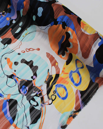 Tecido Crepe Chiffon Brocado Formas Abstratas Tons Terrosos