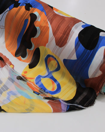 Tecido Crepe Chiffon Brocado Formas Abstratas Tons Terrosos