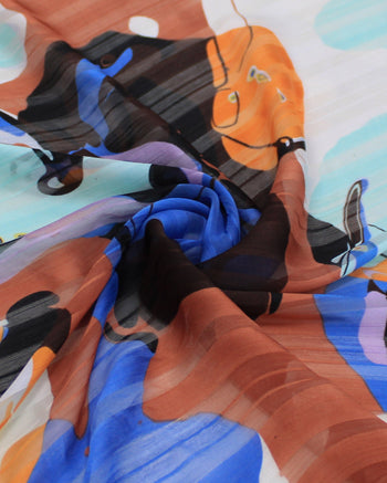 Tecido Crepe Chiffon Brocado Formas Abstratas Tons Terrosos