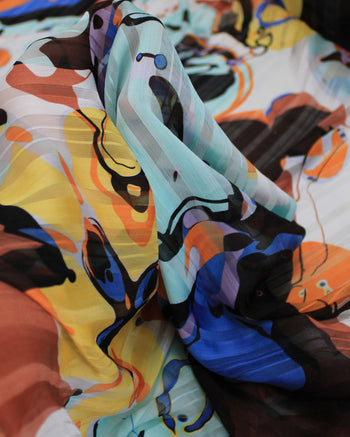 Tecido Crepe Chiffon Brocado Formas Abstratas Tons Terrosos