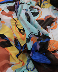 Tecido Crepe Chiffon Brocado Formas Abstratas Tons Terrosos