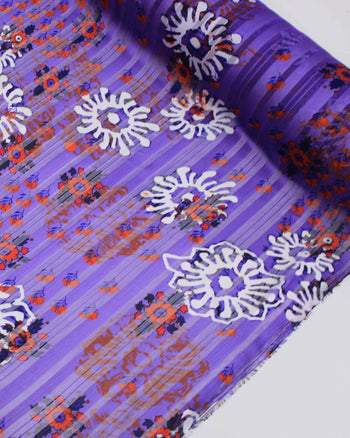Tecido Crepe Chiffon Brocado Ramos e Flores Colorido e Roxo