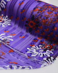 Tecido Crepe Chiffon Brocado Ramos e Flores Colorido e Roxo