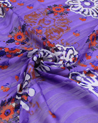 Tecido Crepe Chiffon Brocado Ramos e Flores Colorido e Roxo