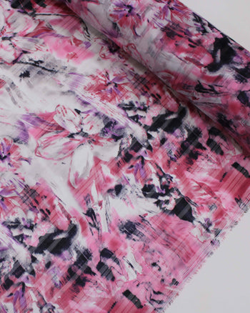 Tecido Crepe Chiffon Brocado Flores e Artes Abstratas Tons de Rosa e Branco