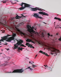 Tecido Crepe Chiffon Brocado Flores e Artes Abstratas Tons de Rosa e Branco