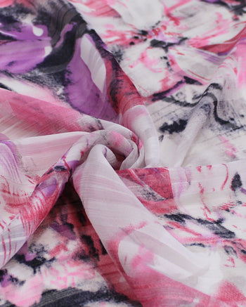 Tecido Crepe Chiffon Brocado Flores e Artes Abstratas Tons de Rosa e Branco