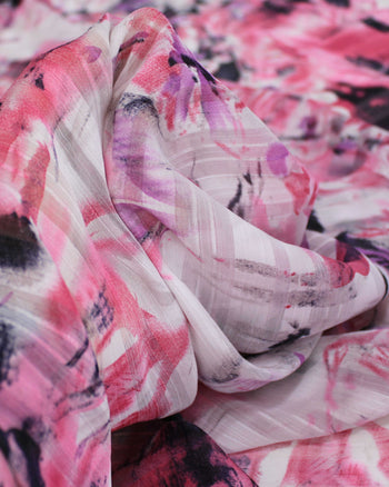 Tecido Crepe Chiffon Brocado Flores e Artes Abstratas Tons de Rosa e Branco