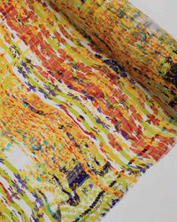 Tecido Crepe Chiffon Brocado Quadriculado e Pinturas Abstratas Colorido e Amarelo