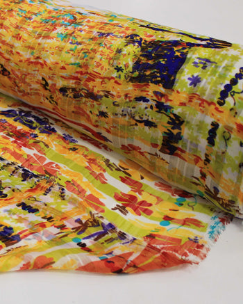 Tecido Crepe Chiffon Brocado Quadriculado e Pinturas Abstratas Colorido e Amarelo