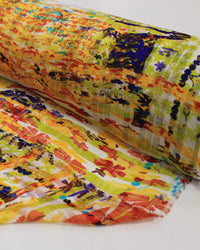 Tecido Crepe Chiffon Brocado Quadriculado e Pinturas Abstratas Colorido e Amarelo