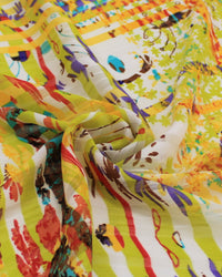 Tecido Crepe Chiffon Brocado Quadriculado e Pinturas Abstratas Colorido e Amarelo