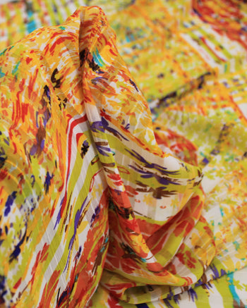 Tecido Crepe Chiffon Brocado Quadriculado e Pinturas Abstratas Colorido e Amarelo