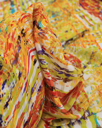 Tecido Crepe Chiffon Brocado Quadriculado e Pinturas Abstratas Colorido e Amarelo