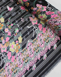 Tecido Crepe Chiffon Brocado Brrado Floral e Arabescos Colorido, Branco e Preto