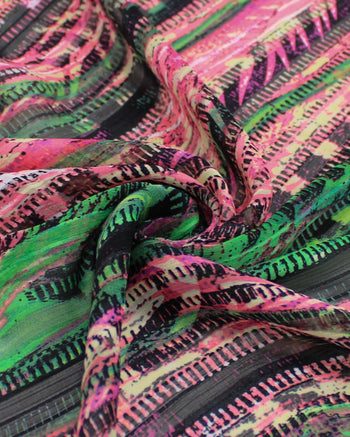 Tecido Crepe Chiffon Brocado Listras Abstratas Verde e Tons de Rosa