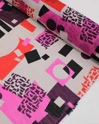 Tecido Crepe Chiffon Formas Geométricas Roxo, Rosa, Vermelho e Branco