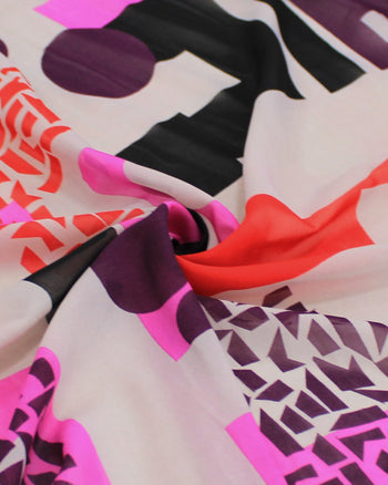 Tecido Crepe Chiffon Formas Geométricas Roxo, Rosa, Vermelho e Branco