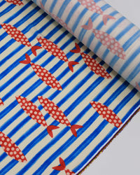 Tecido Viscose Premium Sardine Estampada Vertical e Listras Azul, Vermelho e Offwhite
