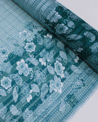 Tecido Crepe Chiffon Brocado Barrado Duplo Floral e Geométrico Branco e Verde Tiffany