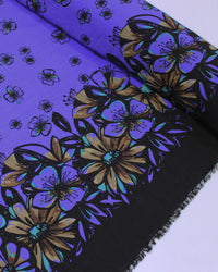 Tecido Viscose Mista com Poliamida Grosso Barrado Floral Bege, Preto e Azul