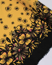 Tecido Viscose Mista com Poliamida Barrado Floral Rosa, Preto e Amarelo