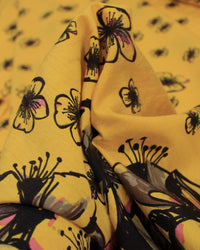 Tecido Viscose Mista com Poliamida Barrado Floral Rosa, Preto e Amarelo