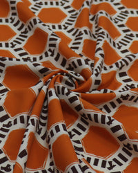 Tecido Viscose Colméias Laranja, Offwhite e Marrom