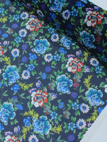 Tecido Crepe Chiffon Italiano Floral Azul